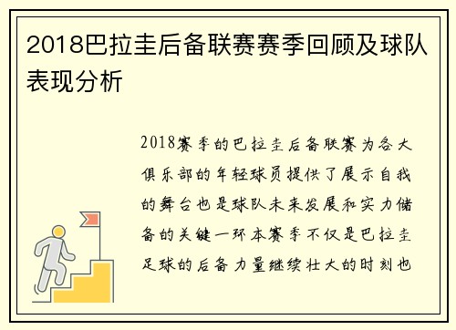 2018巴拉圭后备联赛赛季回顾及球队表现分析